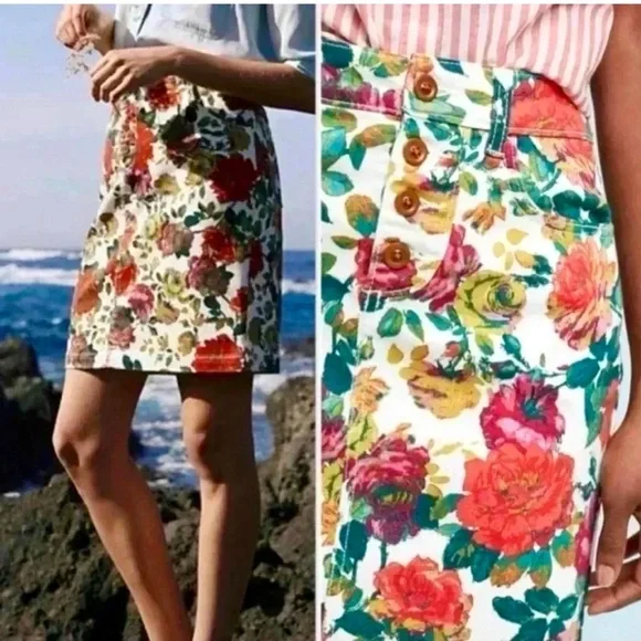 MAEVE Anthropologie Floral Denim Pencil Skirt Boho Preppy Casual Size 2 & 12 - Picture 2 of 12